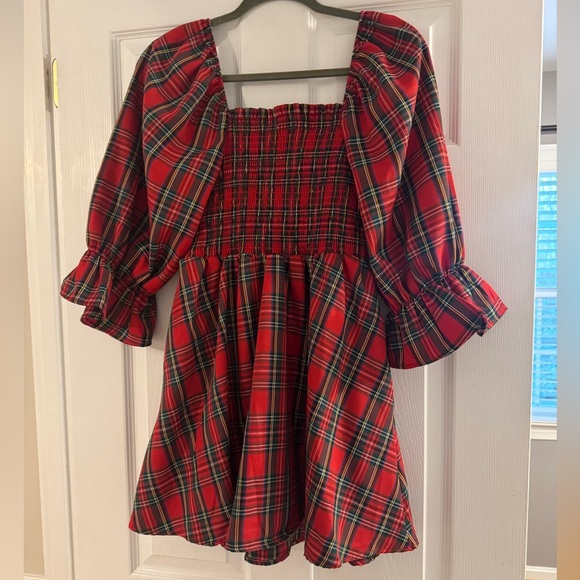 Red tartan plaid smocked mini dress - Picture 2 of 4